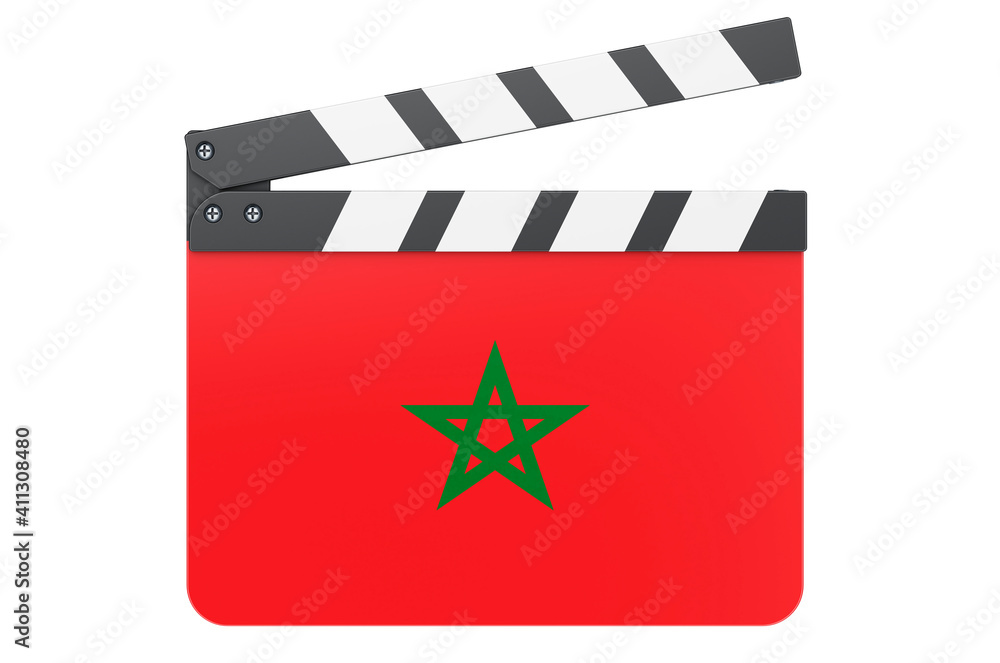 Movie clapperboard with Moroccan flag, film industry concept. 3D rendering