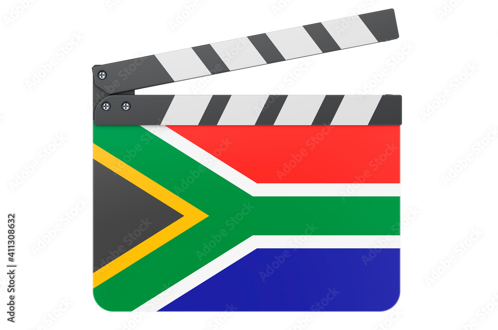 Movie clapperboard with South African flag, film industry concept. 3D rendering