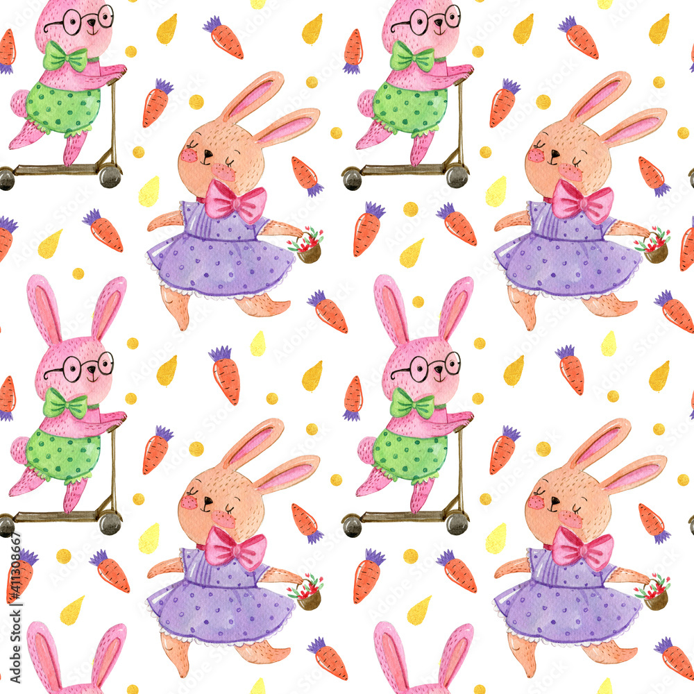 Watercolor hand drawing pattern with cute rabbits, boy drive a scooter, girl run with a basket, on white background with carrots and gold drops. Easter pattern.