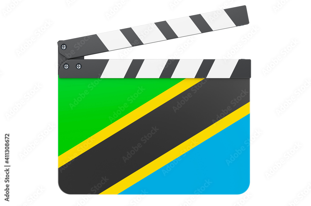 Movie clapperboard with Tanzanian flag, film industry concept. 3D rendering