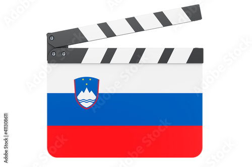 Movie clapperboard with Slovenian flag, film industry concept. 3D rendering