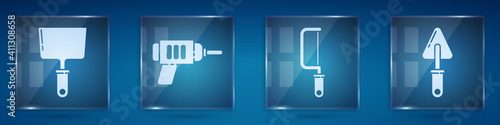 Set Putty knife, Electric drill machine, Hacksaw and Trowel. Square glass panels. Vector.