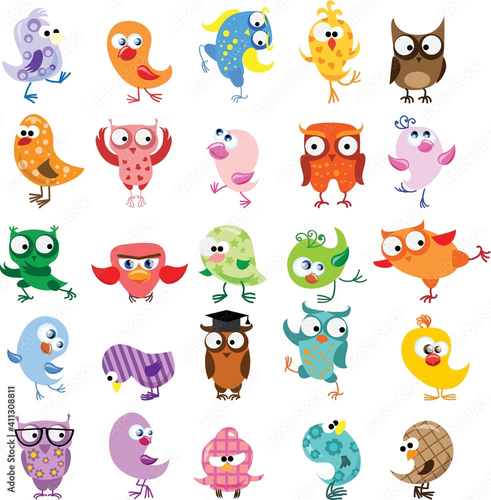 Fototapeta premium Vector illustrations set of cute different birds in the simple style