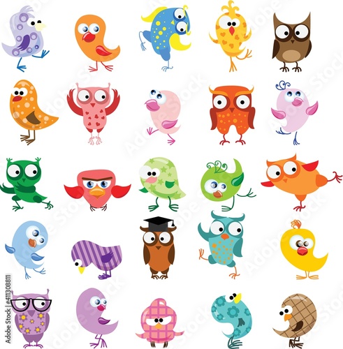 Vector illustrations set of cute different birds in the simple style