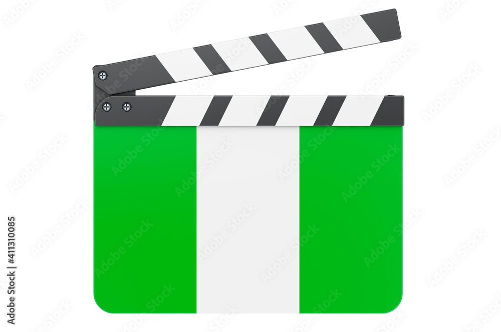 Movie clapperboard with Nigerian flag, film industry concept. 3D rendering