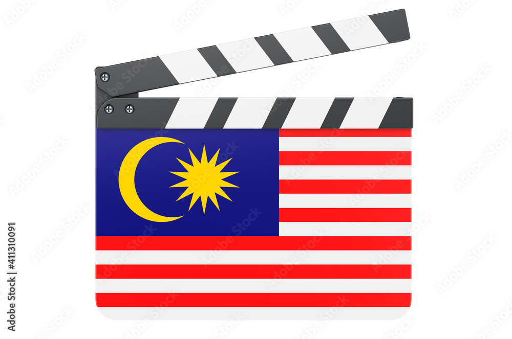 Movie clapperboard with Malaysian flag, film industry concept. 3D rendering