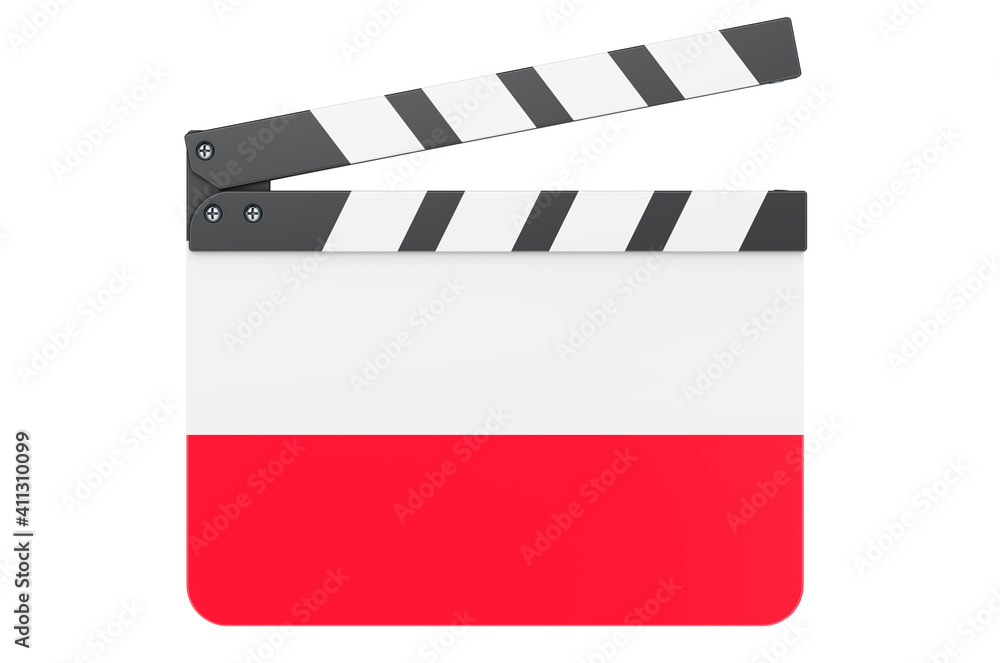Movie clapperboard with Polish flag, film industry concept. 3D rendering