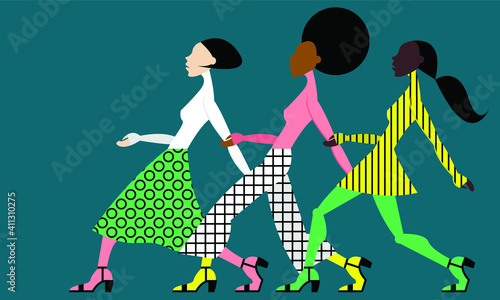 Vector graphics - three fashionable models of different ethnic groups walk on the catwalk in beautiful colorful hipster clothes. The concept of fashion and beauty