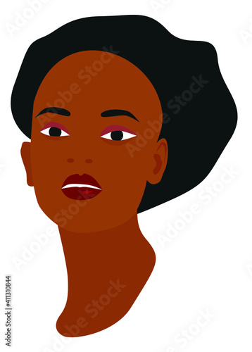The head of a dark-skinned woman with black hair and parted lips