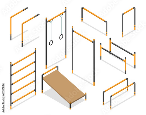 Workout isometric street area elements. Set of sport accessories for playground horizontal bars. Outdoor gymnastic or athletic gym equipment isolated on white
