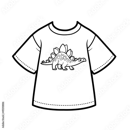 T-shirt with drawing cartoon stegosaurus for boy outline for coloring on a white background