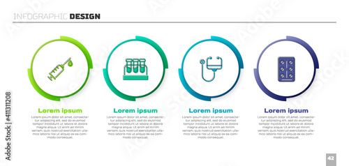 Set Syringe, Test tube with blood, Stethoscope and Pills blister pack. Business infographic template. Vector.