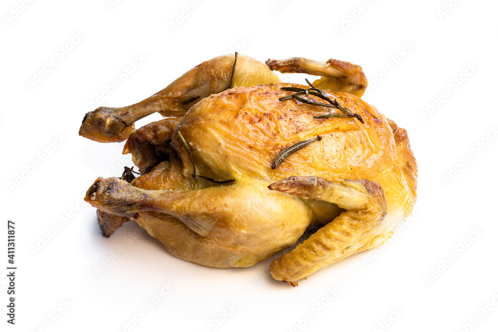 Helloworld Poussin Raw whole corn fed poussin in clear glass bowl isolated on white ...