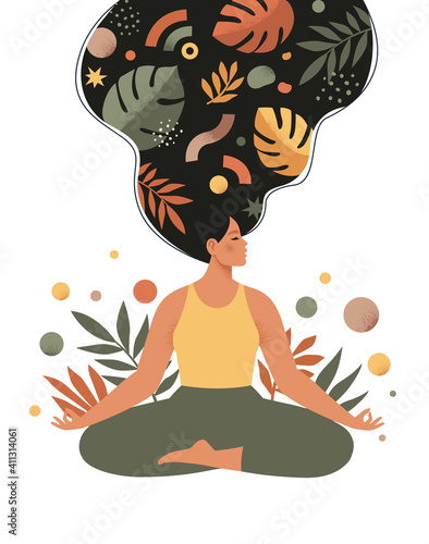 Mindfulness, meditation and yoga background in pastel vintage colors with women sit with crossed legs and meditate. Vector illustration.