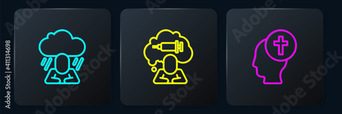 Set line Depression, Man graves funeral sorrow and Addiction to the drug. Black square button. Vector.