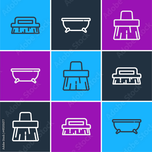 Set line Brush for cleaning, Handle broom and Bathtub icon. Vector.