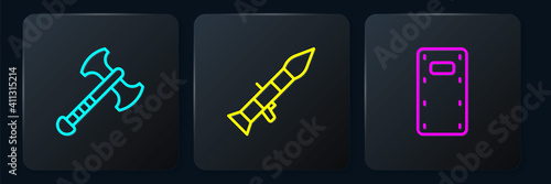 Set line War axe, Military assault shield and Rocket launcher. Black square button. Vector.