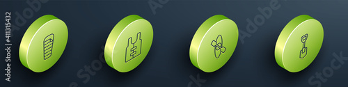 Set Isometric line Sleeping bag, Life jacket, Kayak or canoe and Shovel icon. Vector.