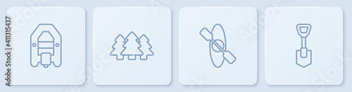 Set line Rafting boat, Kayak or canoe, Forest and Shovel. White square button. Vector.
