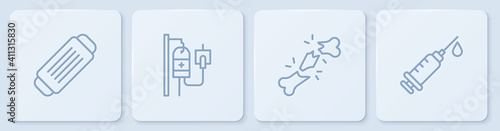Set line Medical protective mask, Human broken bone, IV bag and Syringe. White square button. Vector.
