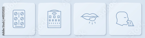 Set line Pills in blister pack, Herpes lip, Eye test chart and Vomiting man. White square button. Vector.