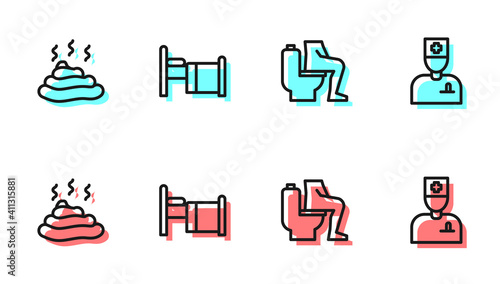 Set line Constipation, Shit, Hospital bed and Male doctor icon. Vector.