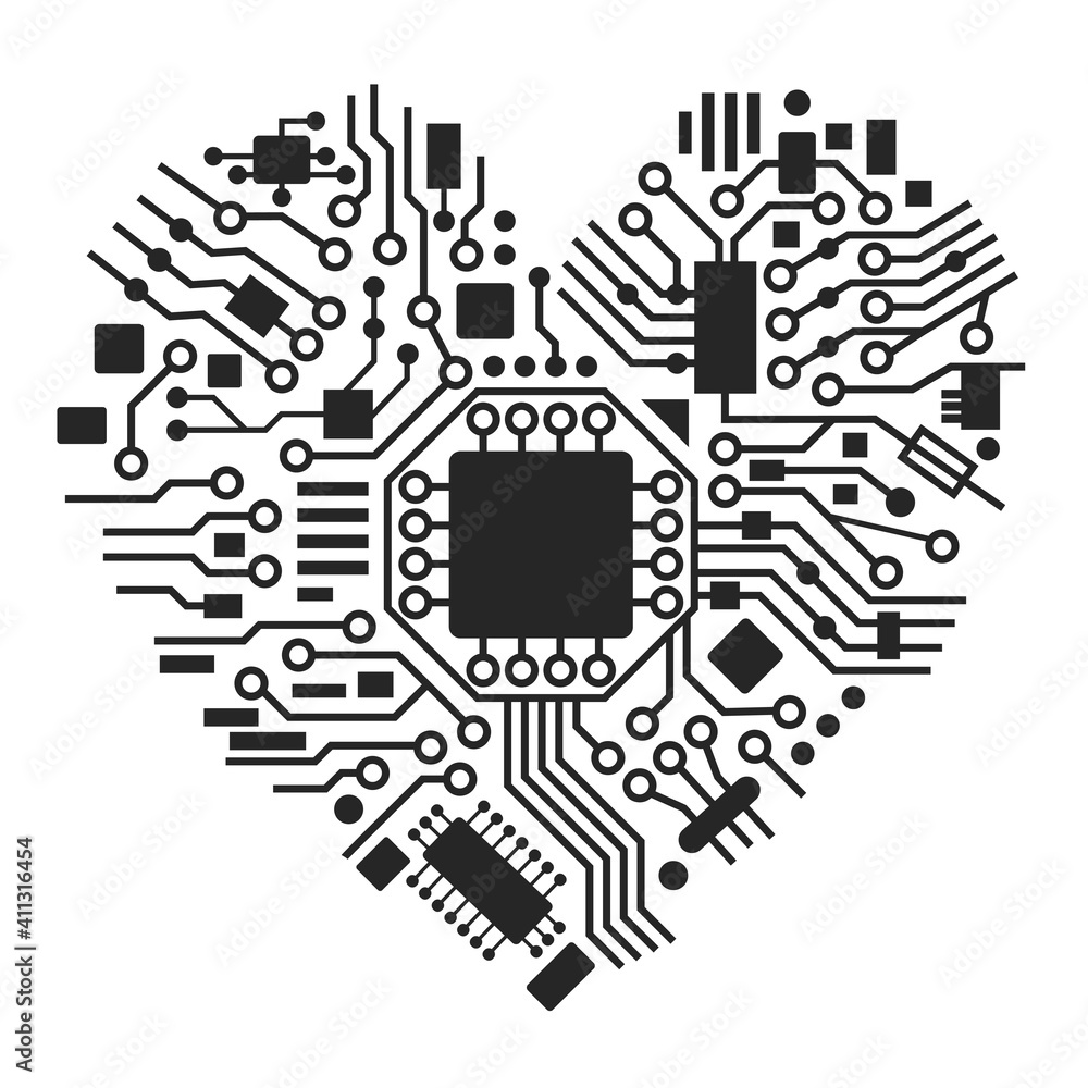 Cyber technology heart. Valentines day background with love symbol. Vector black and white illustration. Cyber technology heart. Valentines day background with love symbol. Vector black and white illustration.