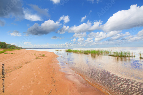 sandy lake shore with rolling waves  vegetation in the water and beautiful clouds in the blue sky