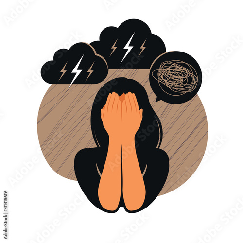 Depressed young girl crying covering her face with her hands. Opinion and the pressure of society. Shame. Vector flat