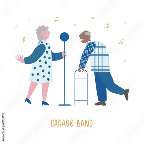 Elderly music lovers started band. Senior lady and man enjoy song in their music club. Concept vector illustration for web, banner