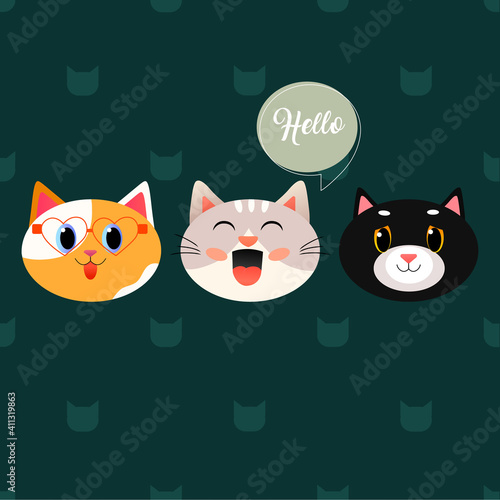 Cute cartoon cats with different face emotions. Vector illustration on background with pattern