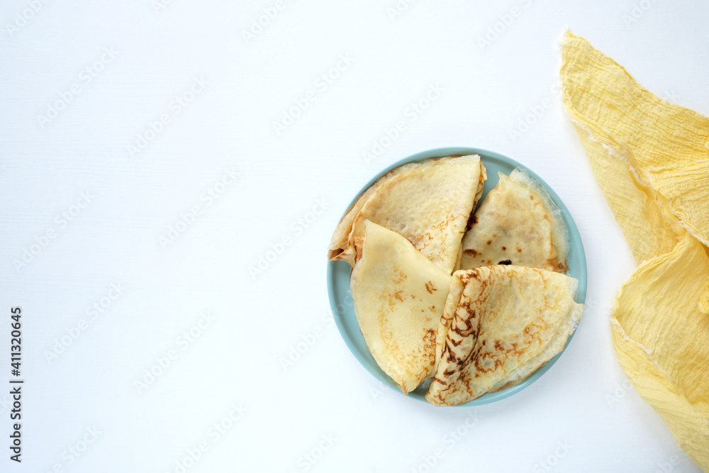 Russian pancakes with fresh cream cheese. Country style
Russian pancakes with fresh cream cheese. Country style
