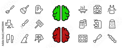 KITCHEN ICON Cooking process, Kitchen tools, Icon set, thin line vector has a blender, oven, knife, grater, barbecue, apron, barbecue, grill, coffee machine, kitchen glove, Editable stroke