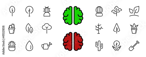 A set of Rosteniya Icons, and garden care, Vector illustration, Contains Icons such as tree, cactus, watering can, spade, flower and much more. on a white background, editable bar 480x480