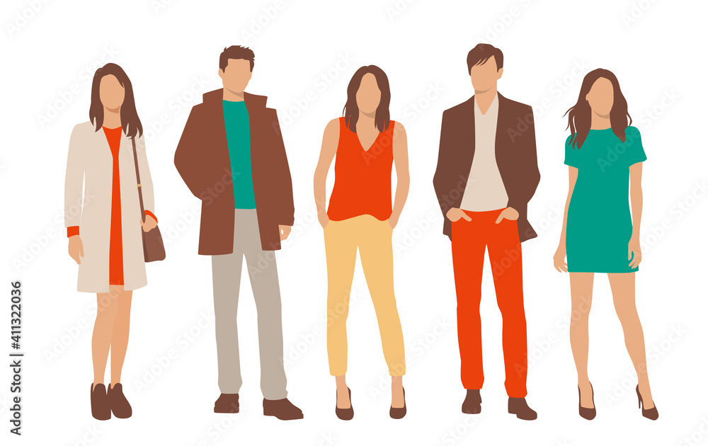 Obraz premium Set of young men and women, different colors, cartoon character, group of silhouettes of standing business people, students, the design concept of flat icon, isolated on white background