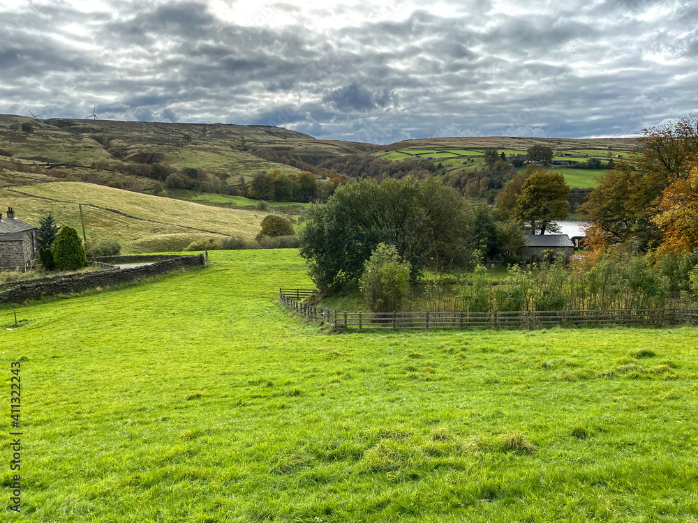 Landscape, with fields, trees, and moors near, Denholme Road, Leeming, UK