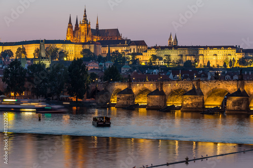 Prague panorama at night over the Vltava River, Czech Republic