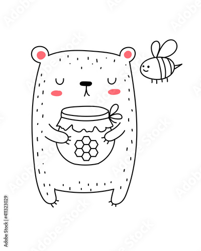 Vector line drawing cute bear with honey and bee. Doodle illustration.