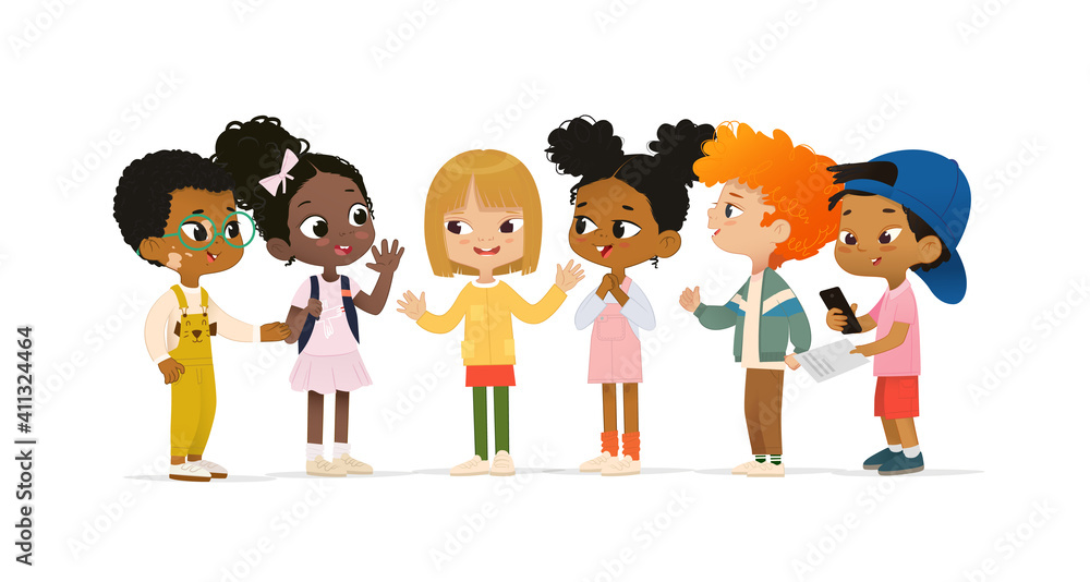 Group of Multicultural children talk to each other. School boy with vitiligo say hello to new friends. Asian boy scan QR code. School friends have fun