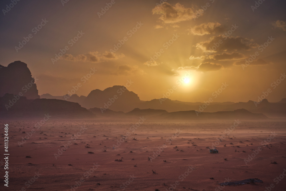 Photo of the landscape of the Wadi Rum Desert at the sunset time