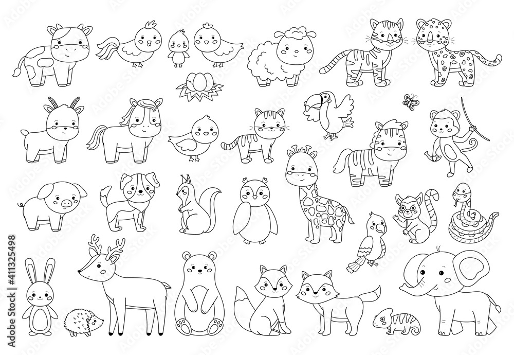 Big animals set for coloring book. Outline vector illustration for  children. Cute cartoon characters. Farm, forest and jungle animals. Stock  Vector | Adobe Stock