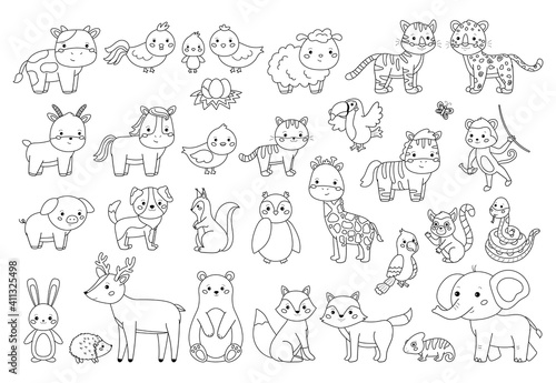 Big animals set for coloring book. Outline vector illustration for children. Cute cartoon characters. Farm  forest and jungle animals.