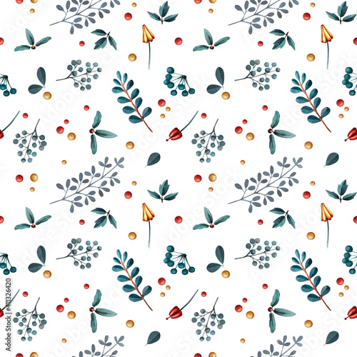 Seamless pattern for calico fabrics. Small leaves with peas.
