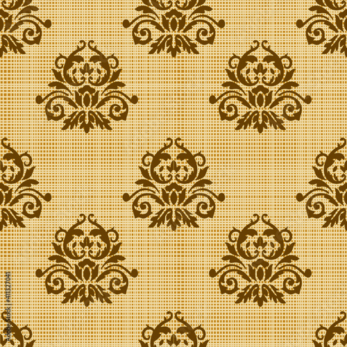 Decoration on fabrics. Seamless pattern of flower twigs, baroque ornaments and Victorian decor.