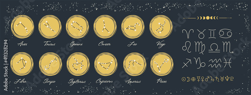 A set of signs of the zodiac, constellations. Horoscope symbols, stars, planets and moon phases. Vector set of astrological signs in ocher color. Illustrations for ancient alchemy. Constellation logos