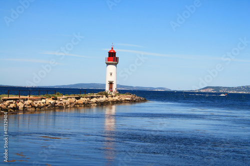 Onglous lighthouse in Marseillan, a seaside resort in the Herault department in southern France