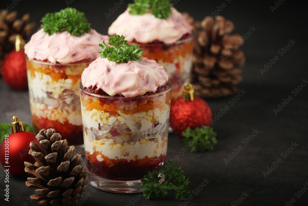 Dressed herring or herring under fur - traditional Russian salad Dressed herring or herring under fur - traditional Russian salad