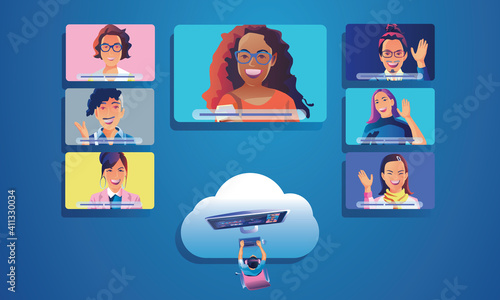 Businessmen use Video conference landing Working top view People on window screen taking with colleagues. remote working Videoconferencing and online meeting workspace page man woman learning Vector