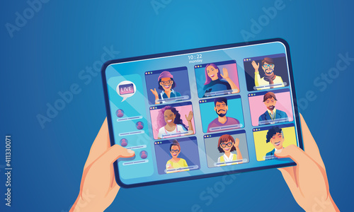 Businessmen use Video conference landing Working top view People on window screen taking with colleagues. remote working Videoconferencing and online meeting workspace page man woman learning Vector