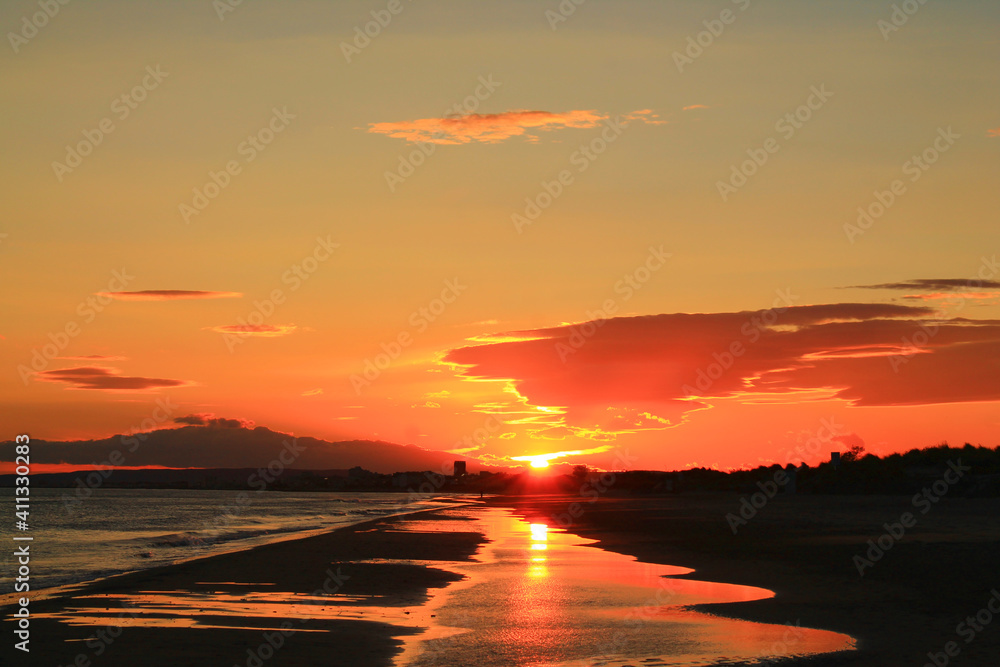 Amazing sunset  in Carnon Plage, a seaside resort in the south of Montpellie